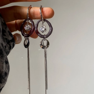 Sparkling zircon tassel C-shaped earrings with purple resin circle and silver snake chain