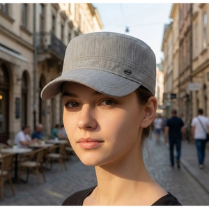 Classic grey military flat top cap for sun protection shown on a model outdoors.