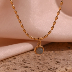 18K gold plated stainless steel chain necklace with round natural grey stone pendant
