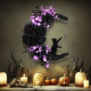 Detail of Halloween moon cat wreath with black roses and purple flowers in gothic decor