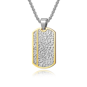 Collier pendentif plaque militaire vintage en acier inoxydable bicolore or et argent