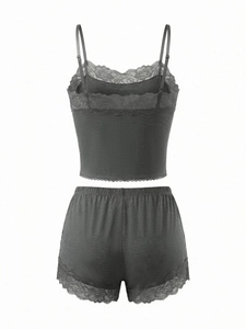 Detailed back view of dark grey lace-trimmed camisole and shorts knit pajama set