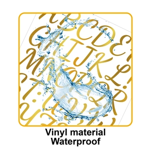 Waterproof gold vinyl letter stickers with water splash detail showing durable material