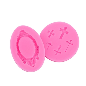 Pink silicone mold set featuring vintage embossed frame and ornate cross patterns
