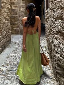 Elegant backless halter maxi dress in grass green for summer beach vacation