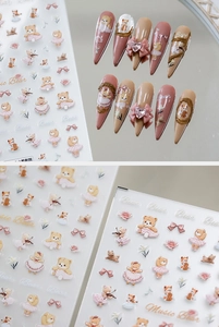 Autocollants 5D détaillés pour ongles avec ours ballerine et motifs floraux de manucure