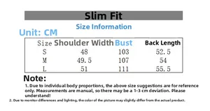 Size guide for slim denim jacket featuring measurements for shoulder, chest, and length