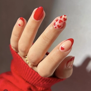 Red Heart Press On Nails French Style Valentine's Day Short Almond Shape Artificial Fake Nails Glossy For Women