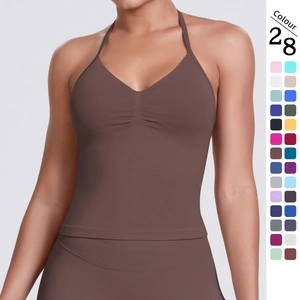 Women Yoga Tank Top Halter Neck V-Neck Ruched Front Seamless Knit High Elasticity Gym Fitness Workout Breathable