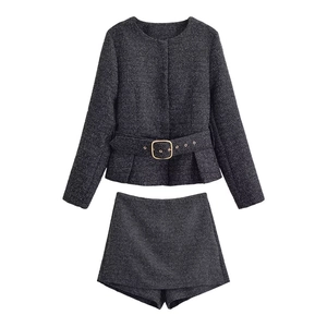 Elegant Tweed Jacket And Shorts Outfit With Belted Waist Vintage Sophisticated Gold Buckle Round Neck Long Sleeve