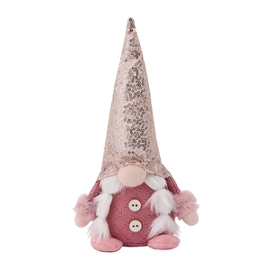 Pink sequin Christmas gnome doll with pointed hat and white wooden buttons on white background