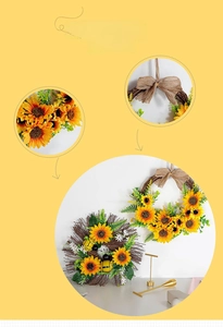Detail showing non-woven sunflower wreath texture and knitted bee accent decoration