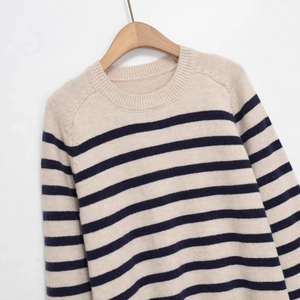 Minimalist beige and navy blue striped crewneck sweater for women in thick knit