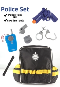 Detailed close-up of children's police role-play set with backpack and accessories