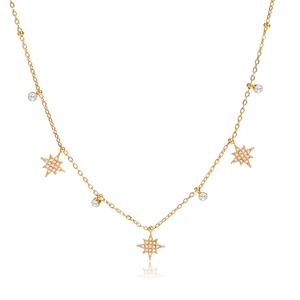 Détail du collier en acier titane doré avec étoiles en zircon et breloques cristal