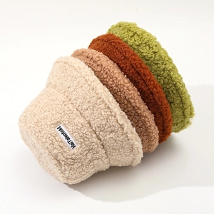 Plush lamb wool bucket hats for women in four warm autumn colors with letter embroidery