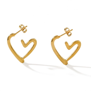 Minimalist 18K gold plated stainless steel hollow heart earrings with smooth finish