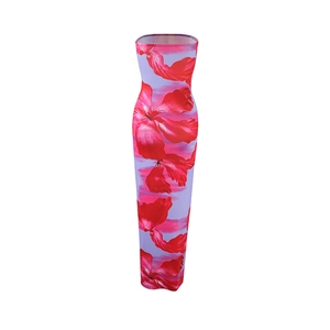 Detail showing red floral print on a light purple strapless tube maxi dress