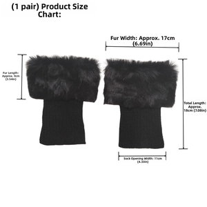 Detailed measurement guide for black faux fur leg warmers showing height and width specs