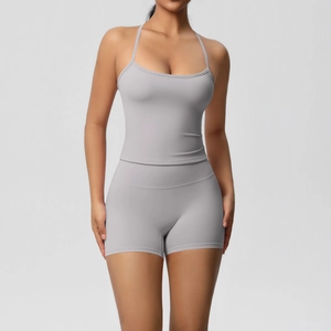 Close-up of grey double-sided brushed racerback yoga top and high waist sports shorts