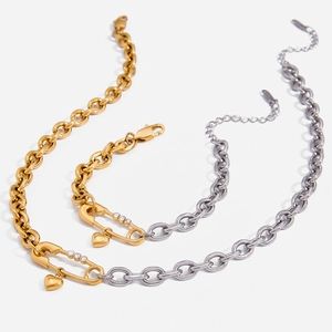 Bicolor Stainless Steel Necklace 18K Gold Plated Gold Silver Two Tone Safety Pin Zircon Heart Pendant Fashion Women