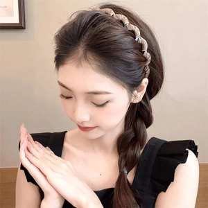 Braided non-slip headband for women with khaki weave texture to boost hair volume