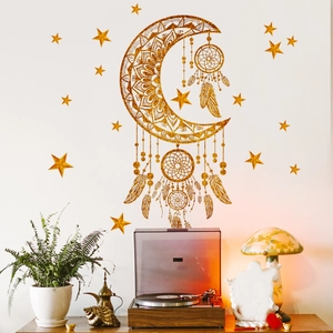 Golden moon star dreamcatcher wall stickers with bohemian mandala feathers for home decor