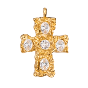 18K gold plated stainless steel cross pendant with five sparkling clear crystals
