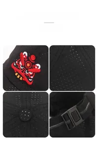 Detailed views of lion dance embroidery and breathable mesh mesh sun hat construction
