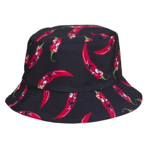 Unisex black bucket hat featuring cute red chili cartoon print on durable canvas fabric