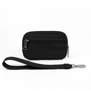 Black nylon zipper card wallet with wristlet strap and metal hook on white background