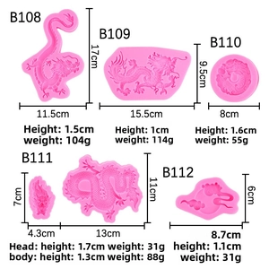 Size specifications for dragon silicone molds showing dimensions and weights for fondant cake decor