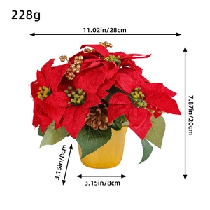 Red Poinsettia artificial potted plant with pine cones and golden berries dimensions