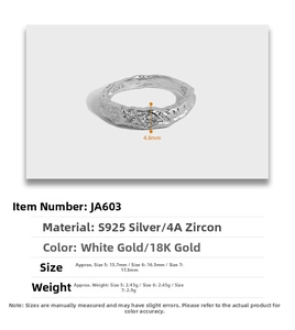 Detailed size chart for S925 sterling silver foil texture ring with zircon specifications