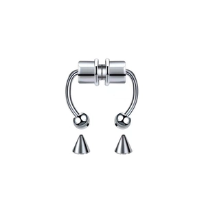 Detail showing magnetic horseshoe nose ring with interchangeable ball and spike ends