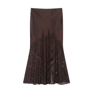Women Satin Midi Skirt With Lace Patchwork Elegant Sexy High Waist Bodycon Coffee Brown Streetwear Fashion Chic