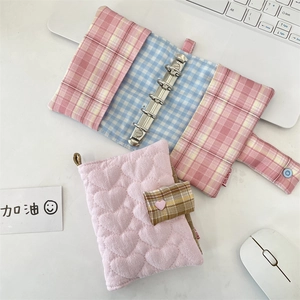 Pink heart quilted fabric A5 binder journal with 6-hole metal ring and plaid inner pockets