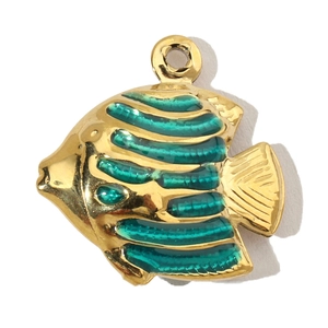 Detailed macro view of a gold-plated tropical fish pendant with green enamel stripes