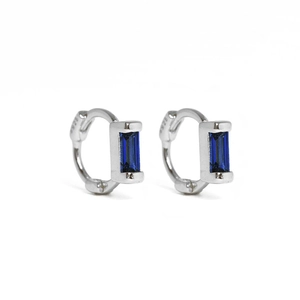 Macro shot of S925 sterling silver stamp on the square blue zircon cartilage hoop earrings