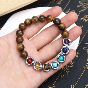 Natural Stone Beaded Bracelet Tiger Eye Hematite White Turquoise Chakra Yoga Healing Meditation Rotatable Metal Wave Jewelry For Men