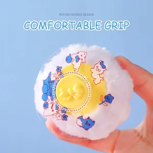 Soft baby powder puff with round yellow handle and transparent cartoon cover