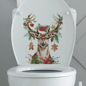 Christmas reindeer and floral toilet lid sticker for festive bathroom wall decoration