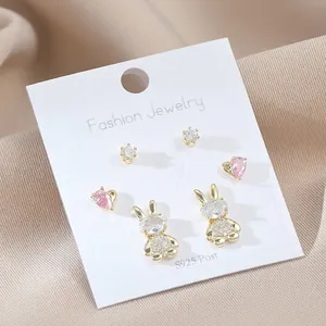 Sweet Rabbit Heart Round Copper Stud Earrings Set With 925 Sterling Silver Earring Post Rhinestone Jewelry For Women