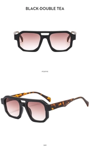 Detailed views of double-bridge pilot sunglasses with black frames and tea gradient lenses