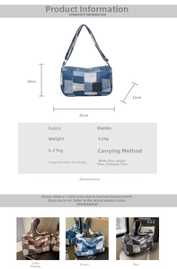 Guide des tailles du sac en denim patchwork montrant les dimensions de 32x19x12cm