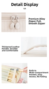 Detail view of smooth dual alloy zippers and reinforced carry handle of the makeup bag
