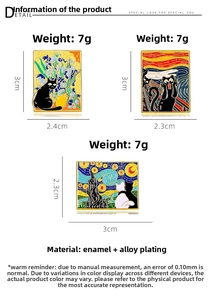 Macro view of Van Gogh inspired cat enamel pins showing fine detail and vibrant colors