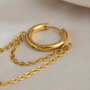 Polished 18K gold-plated double-layer chain hoop earrings on soft silk fabric