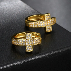 Men's gold-plated cross hoop earrings with micro-pave white zircon stones in hip hop style