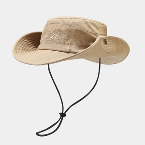 Khaki outdoor camouflage sun hat with wide brim, mountain embroidery and windproof cord